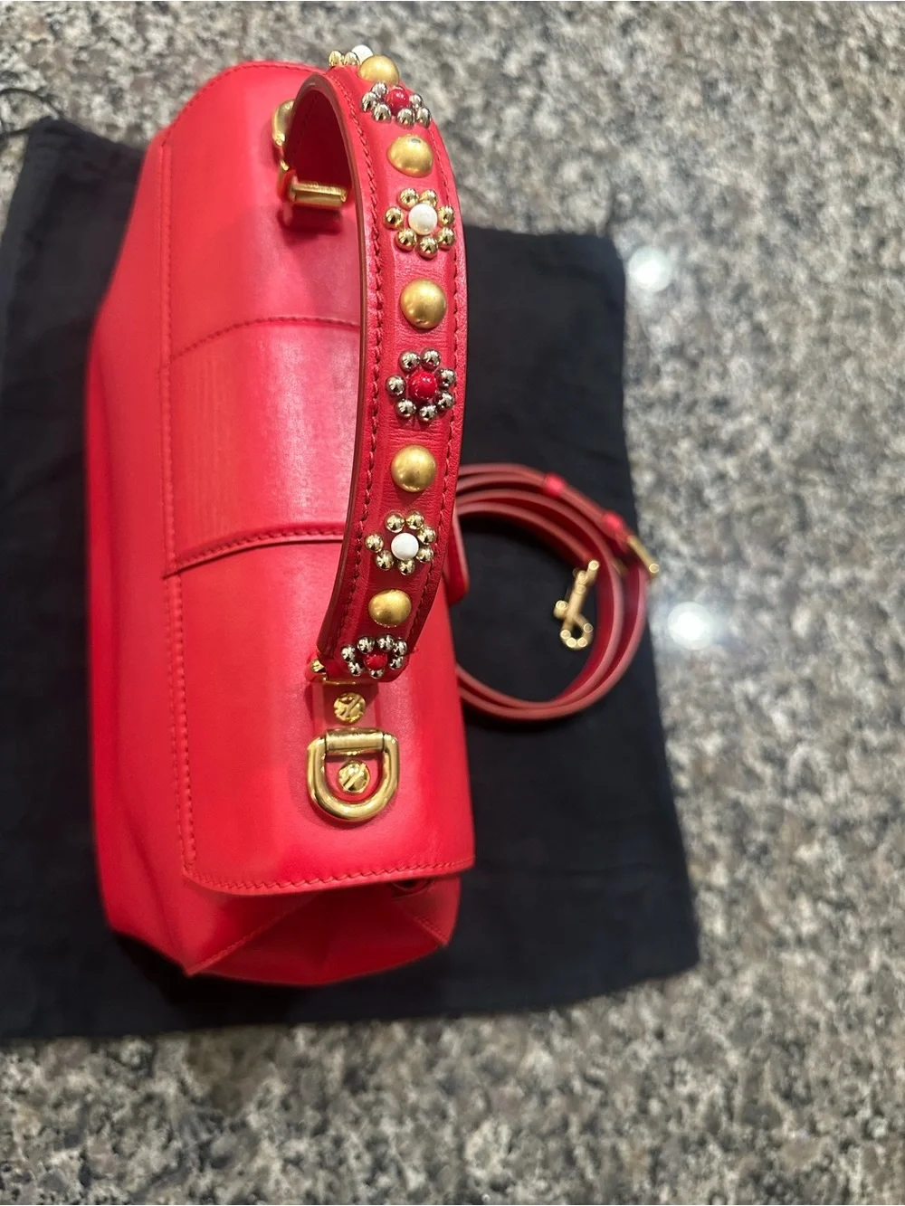 Dolce & Gabbana Red Leather Top-Handle Satchel with Gold Hardware and Studs